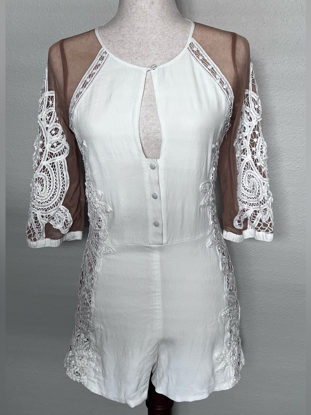 For Love & Lemons Romper 🍋 White Lace Crochet and Nude Mesh Open Back 💗 Size S